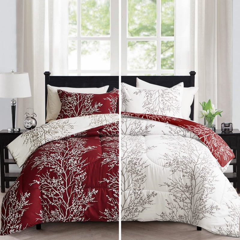 Flysheep Burgundy Red Botanical Christmas Comforter Set Queen Full Size, Red and White Tree Branch Floral Reversible 3 Piece Bedding Set, Ultra Soft Microfiber for All Season - Image 2